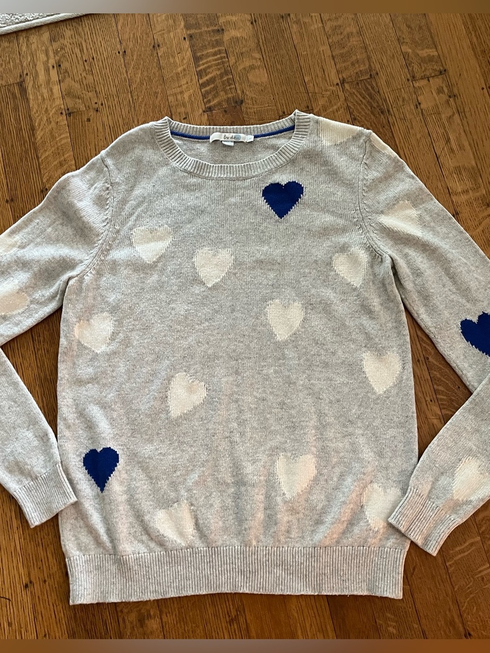 Boden Light Gray Crewneck Sweater with Blue Heart Accents